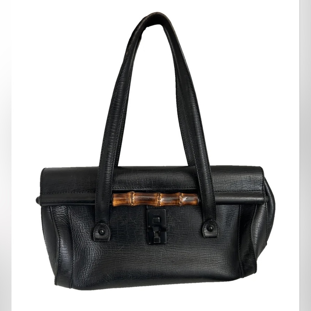 Gucci Vintage Black Calf Leather Bullet Bag with Bamboo detail. EVC.